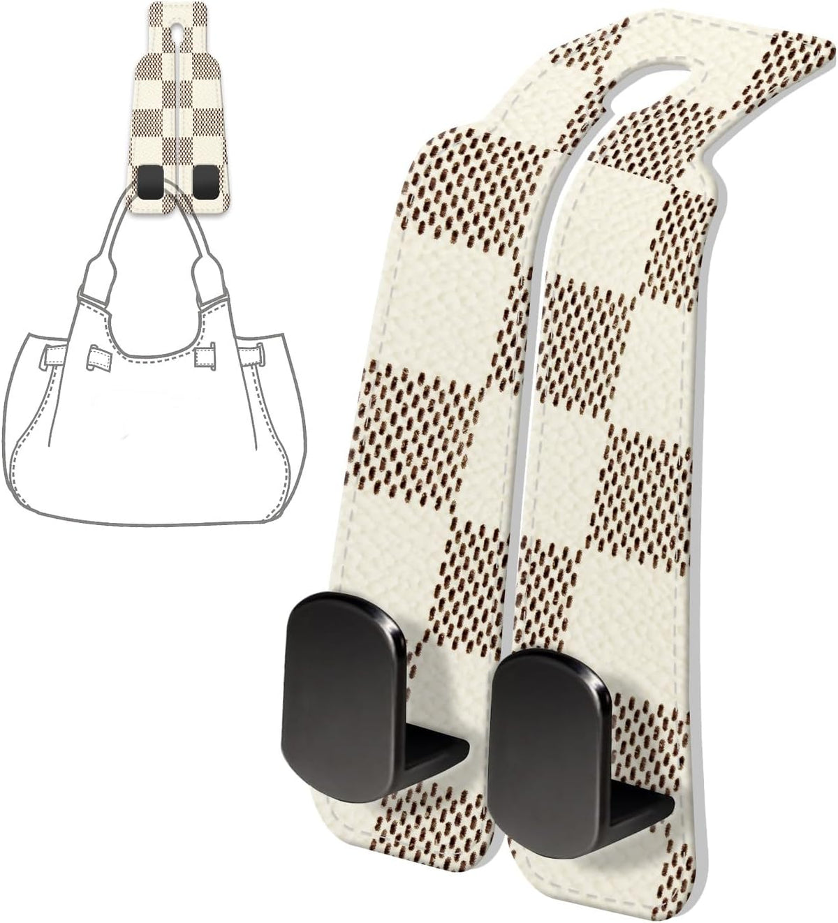 PU Leather Car Seat Hook, Storage Headrest Hanger, Cute Car Backseat Organizer, Car Hooks For Purses and Bags Luxury Checkerboard