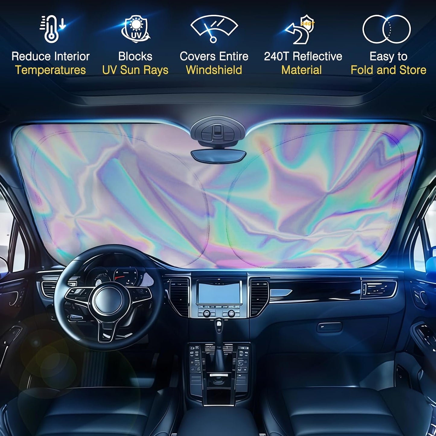 Iridescent Sun Shade for Car Windshield, Foldable Universal Car Windshield Upgrade Sunshade Enhanced UV Rays Reflective Sun Visor Shade Keeps Vehicle Cool