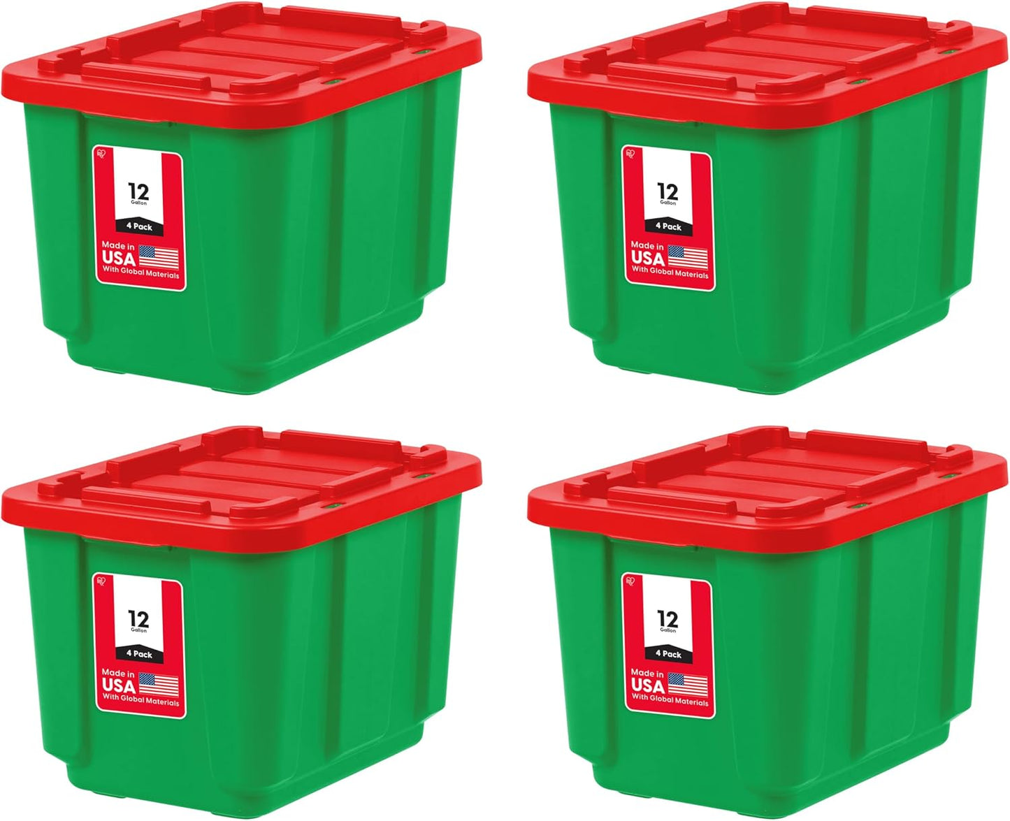IRIS USA 4-Pack 12 Gallon Storage Bins with Lids |Made in USA| Heavy Duty Plastic Tote Containers for Seasonal Organization, Large - Green/Red