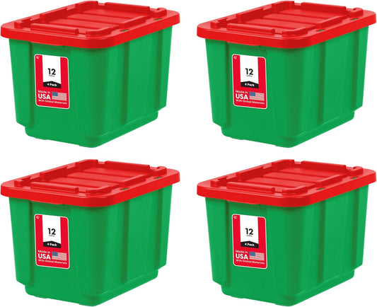 IRIS USA 4-Pack 12 Gallon Storage Bins with Lids |Made in USA| Heavy Duty Plastic Tote Containers for Seasonal Organization, Large - Green/Red