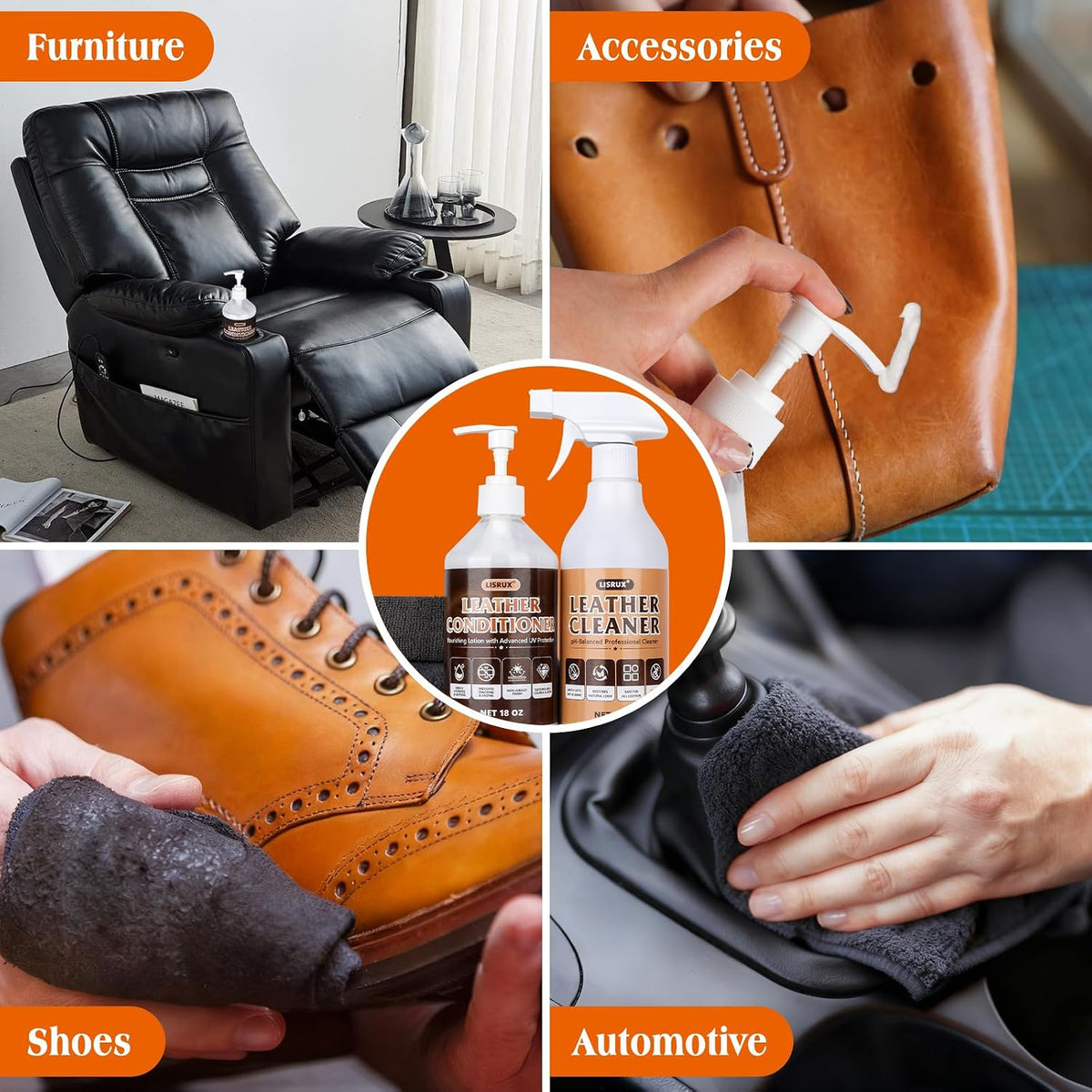 Leather Cleaner and Conditioner Kit for Cars & Home, 2 X 18 Oz, pH‑Balanced