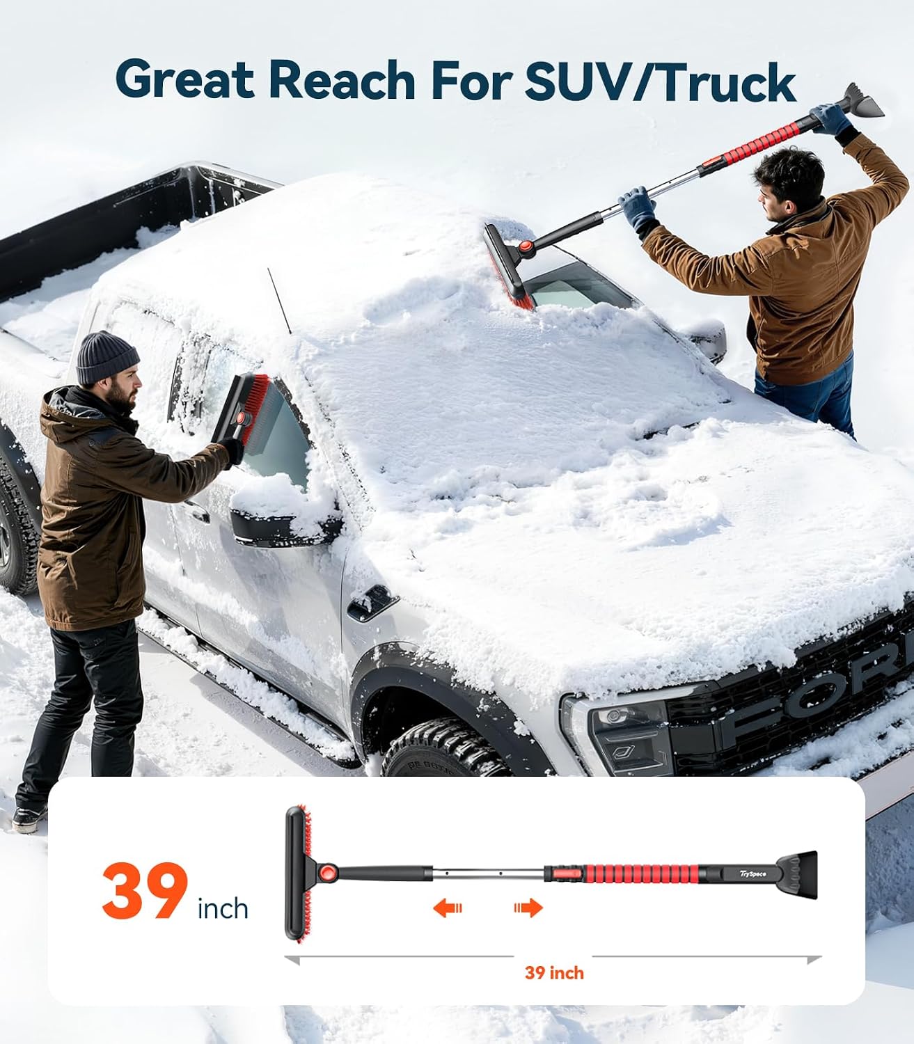 TrySpace All-Around High-Efficiency Cleaning 39 inch Extendable Snow Brush and Ice Scraper with Squeegee, Ice Scrapers for Car Windshield, Truck, SUV Snow Removal Tool, Winter Car Accessories