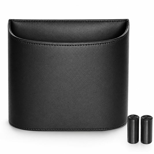 COZILO Leather Car Trash Can – Leakproof & Easy-to-Clean Car Garbage Can for Luxury Cars, SUVs & Trucks | Includes 60 Custom Liners, Secure Hook, Easy Install, Black