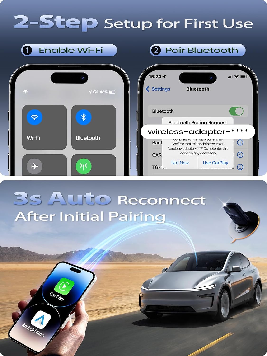 Mini Wireless CarPlay Adapter for iPhone & Android Auto - Wired to Wireless