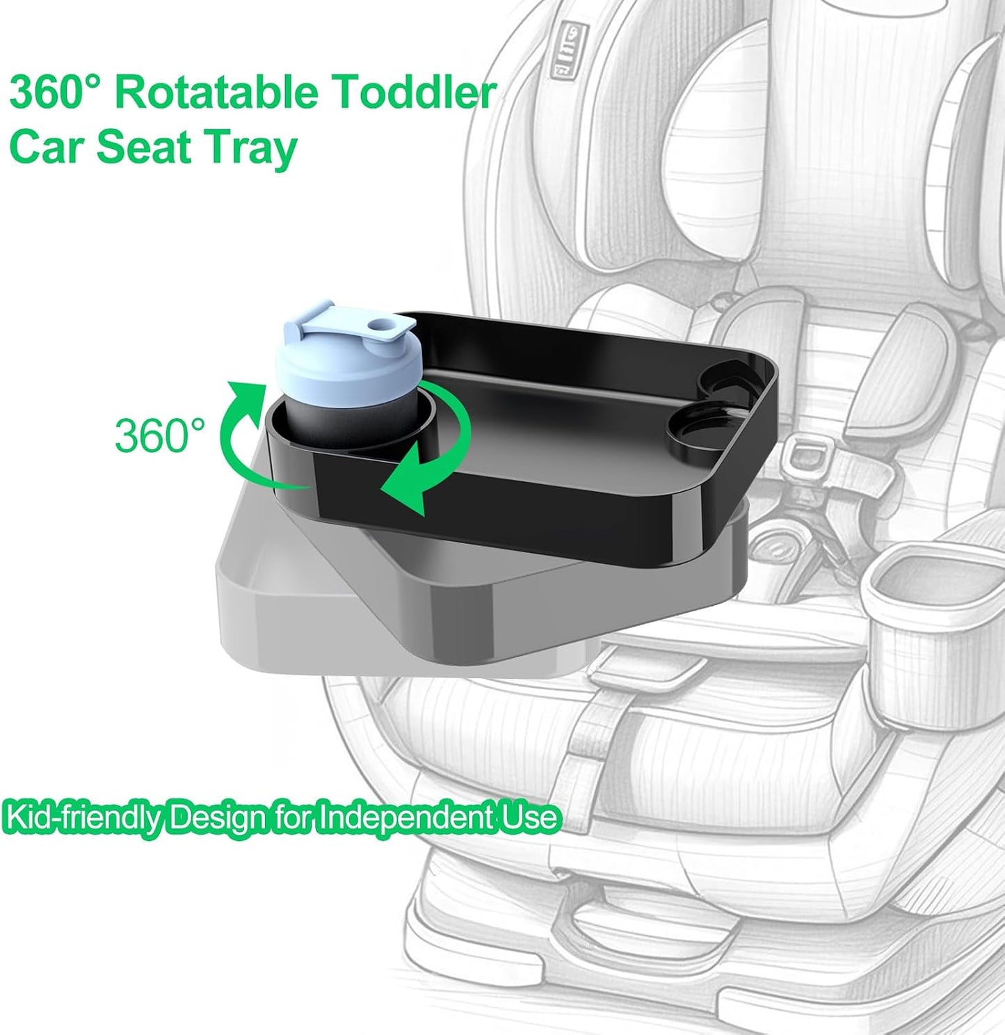 Car Seat Tray for Kids Travel, Carseat Tray for Food Toddler, Car Seat Table Tray, Car Seat Cup Holder Snack Tray for Graco, Evenflo, Chicco, Rotatable Removable Family Road Trip Essentials - Black