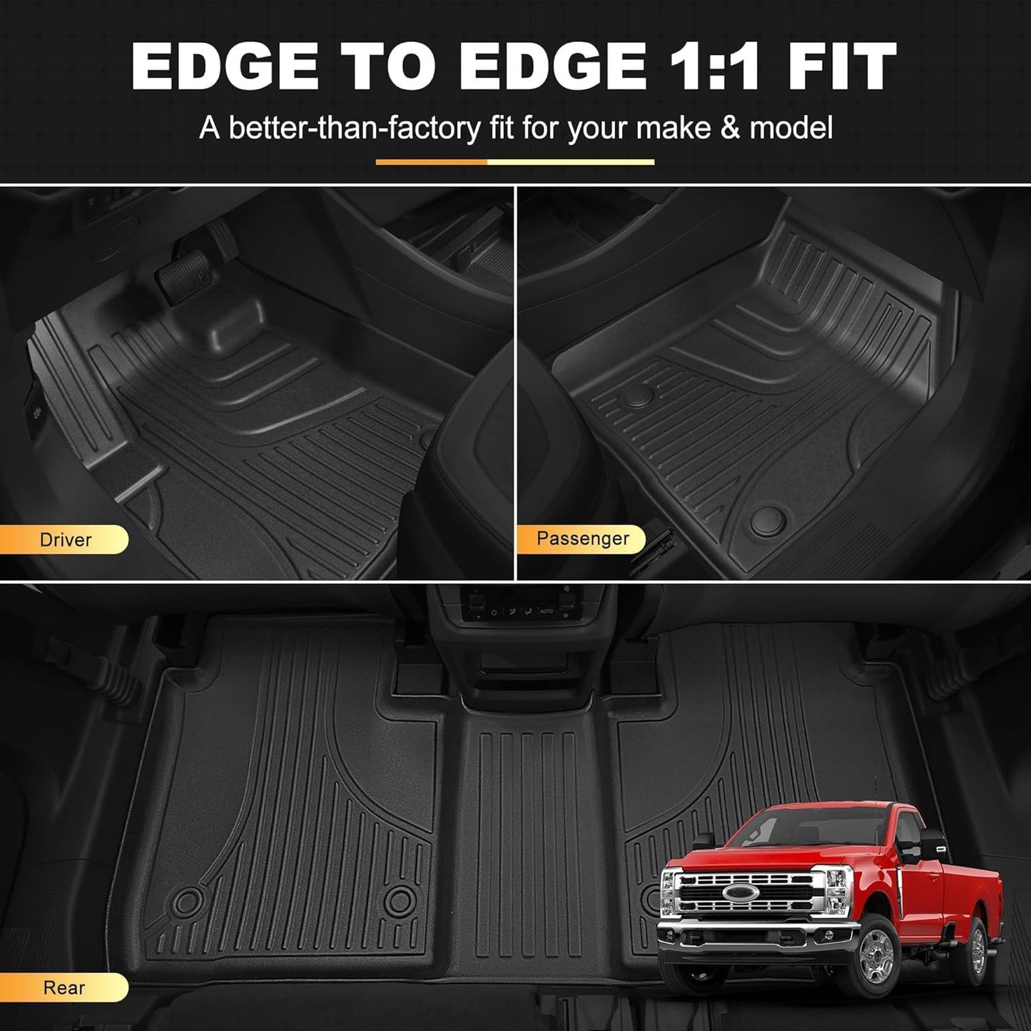 Floor Mats Fit for Ford F250 F350 F450 2017-2025 2026 Super Duty Crew Cab Front Bench Seat | Rear w/o Under-seat fold-Flat Storage Carpet Floor Super Duty All Weather Protector TPE Car Floor Liner