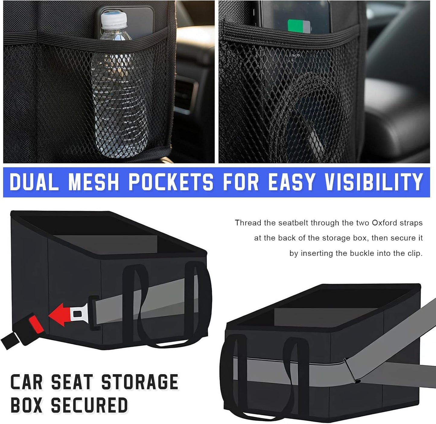 Car Seat Organizer, Collapsible Auto Console Storage Caddy with 4 Mesh Pockets, Multiple-Pocket Storage Organizer Interior Accessories for Vehicle Front & Back Seats