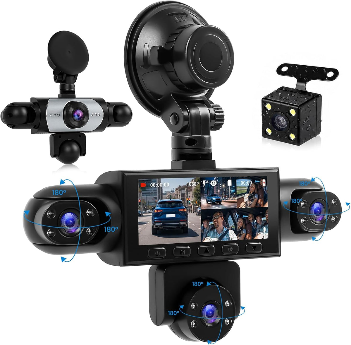 360° 5 Lens Dash Cam Front and Rear Inside Left Right, 1080P Dash Cam for Cars,3 Inch Dashcams with 10 Modes Loop Recording Night Vision Motion Detection 24H Parking Monitor Reversing Assistance