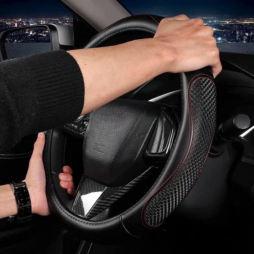 Microfiber Leather Steering Wheel Cover, Anti-Slip Soft Breathable, Full Surround Universal Fit 15 Inch (Red)