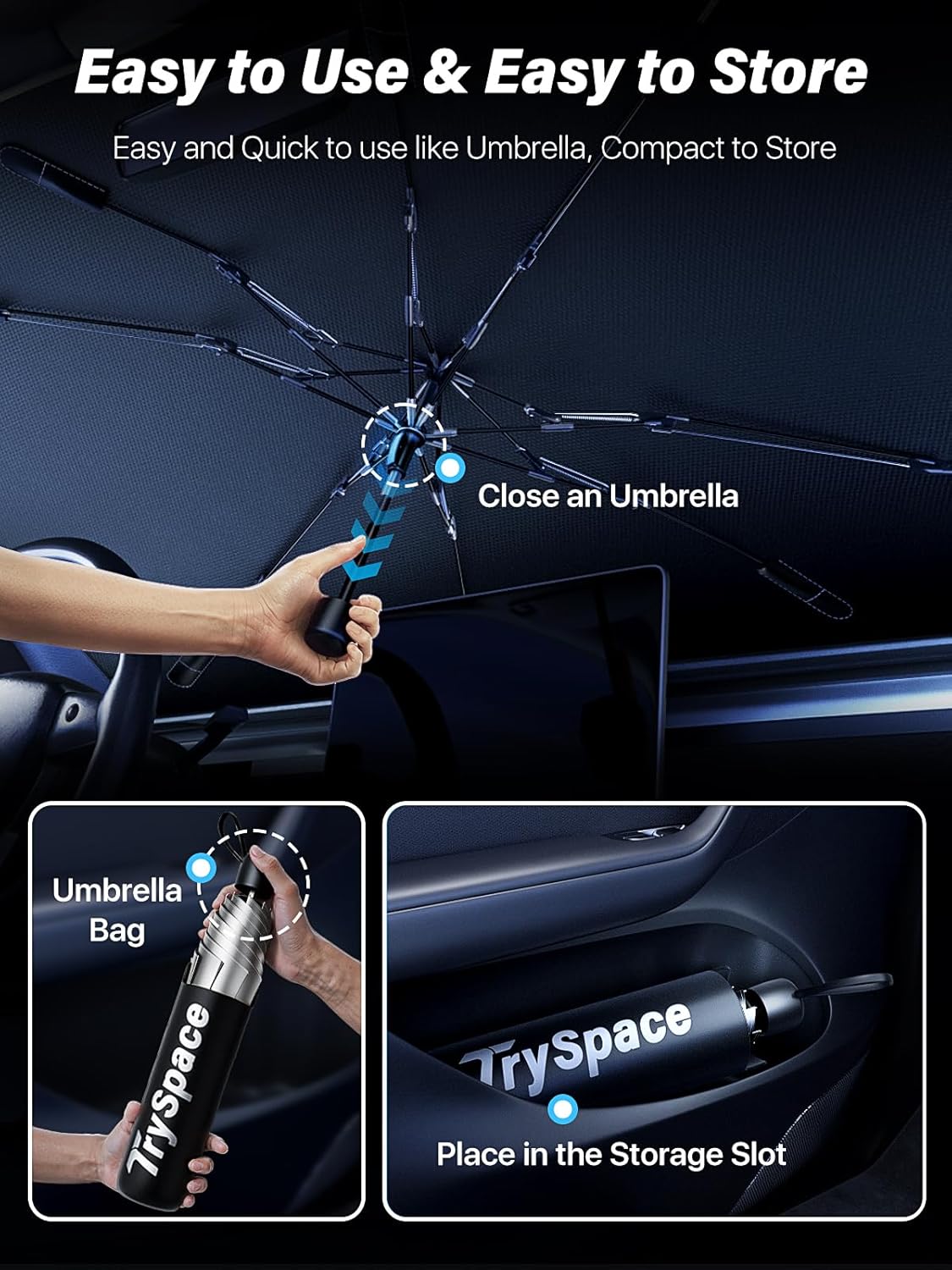 2026 TrySpace Car Windshield Sun Shade Umbrella - [Silver Heat Shield & UV Reflective] Protector for Cars, Universal Fit Medium (56"x31") | 25°F Cooler, Friendly Vinyl Coatings Medium