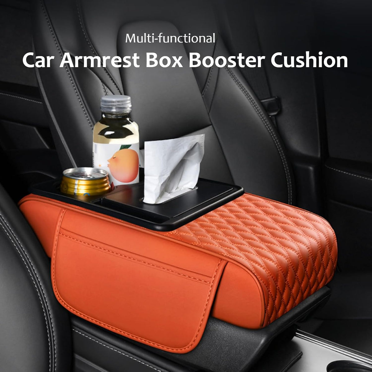 5-in-1 Car Armrest Pad Cushion, Water Ripple Embossed Center Console Booster Pad with Tissue Box, Cup Holder, Storage Bag, Phone Slot, Fit for Most Sedan Vehicles (Water Ripple Series, Grey)