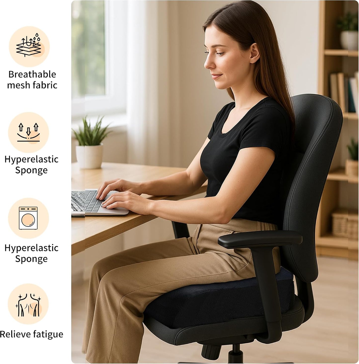 Office Chair Booster Cushion — 6-Inch Extra-Thick Height Increase Seat Pad with Dual-Layer Foam & Non-Slip Bottom