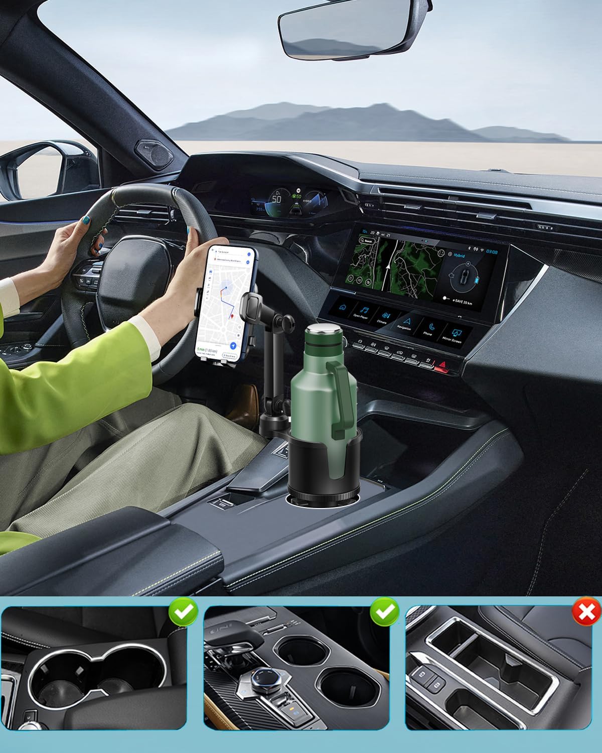 2-in-1 Cup Phone Holder for Car, 360° Adjustable Car Phone Mount