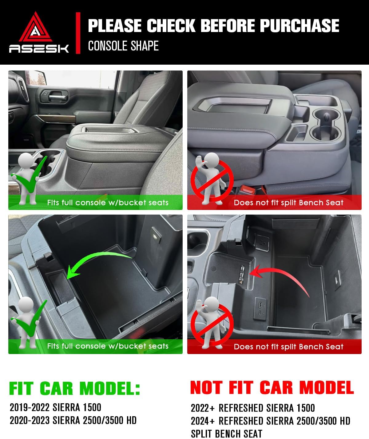 For 2019-2022 Chevy Silverado/GMC Sierra 1500& 2020-2023 Silverado/Sierra 2500HD 3500HD Center Console Armrest Organizer ABS Materials
