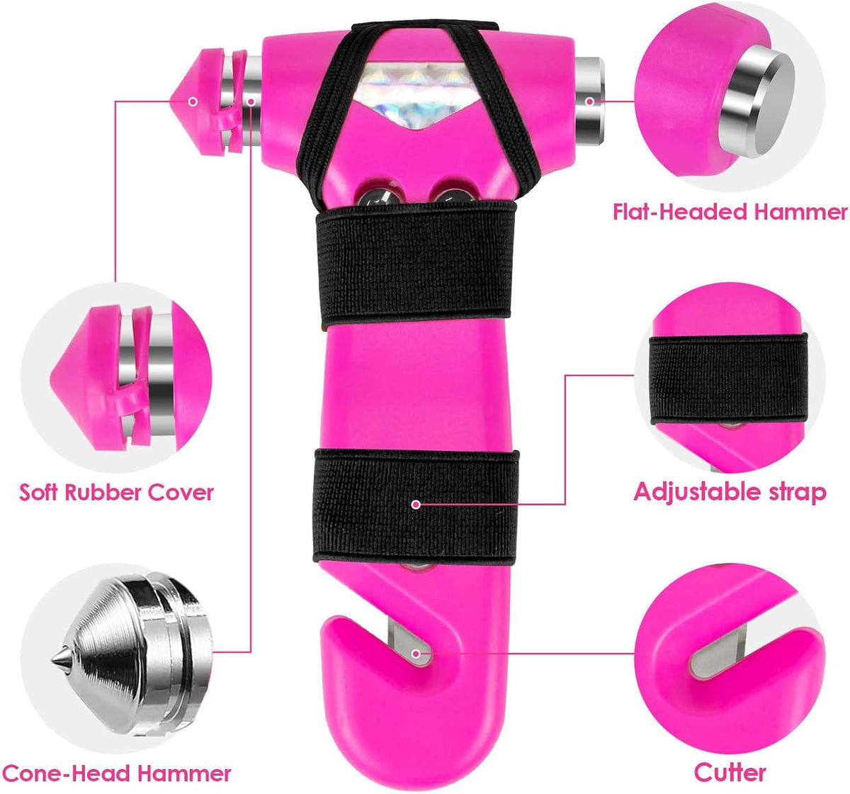2 Pack Car Safety Hammer, 3-in-1 Emergency Escape Tool Window Breaker and Seat Belt Cutter with Light Reflective Tape for Family Safety Emergency Car Escape Tool（Pink Blue）