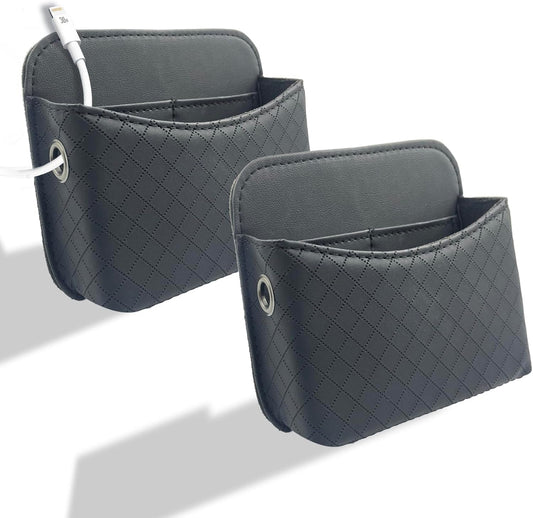Self-Adhesive Car Seat Side Pocket Organizer with Cable Port - Black PU Leather Storage Pouch for Phone & Keys, Fits Gaps, Console & Door (2 PCS)