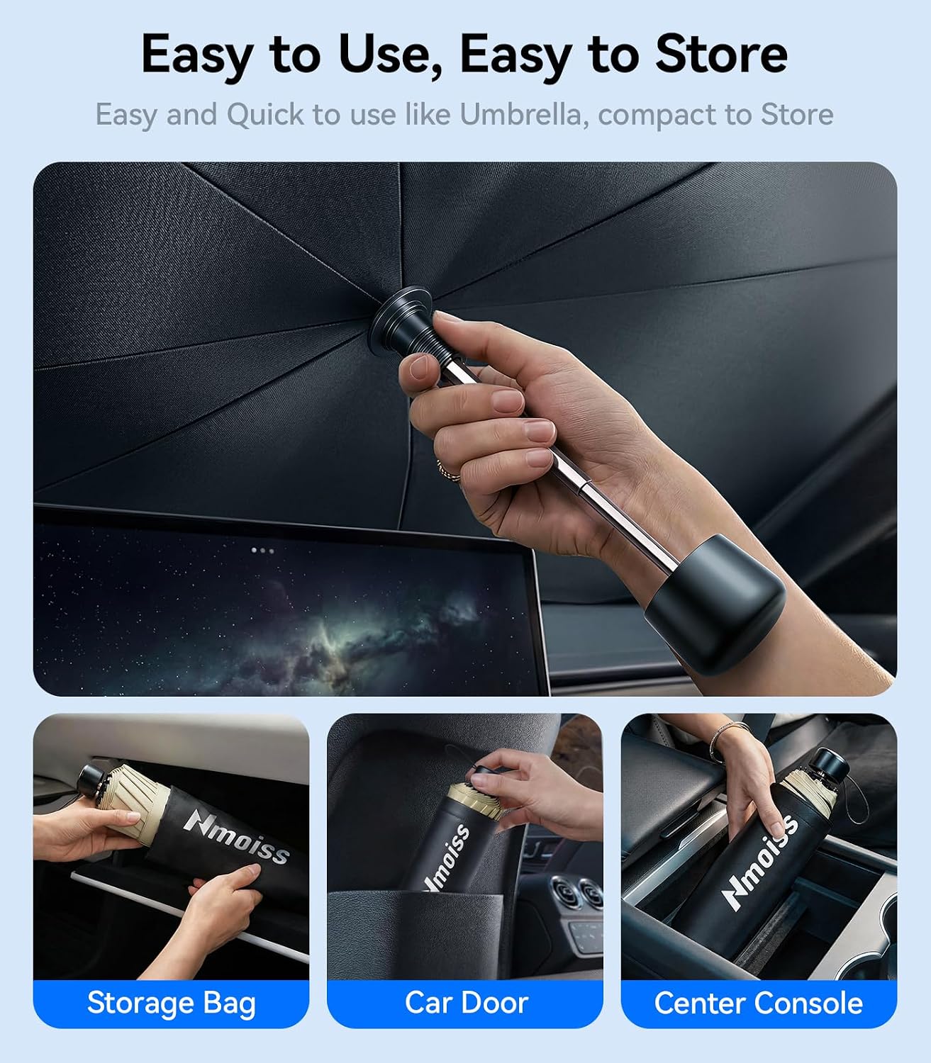 Nmoiss True Dual Layer Air Cooled Windshield Sun Shade Umbrella - [Drive to Superior Coolness & Comfort] Block 99% UV Sun Rays & Heat Damage Keep Cool and Protect Interior Medium