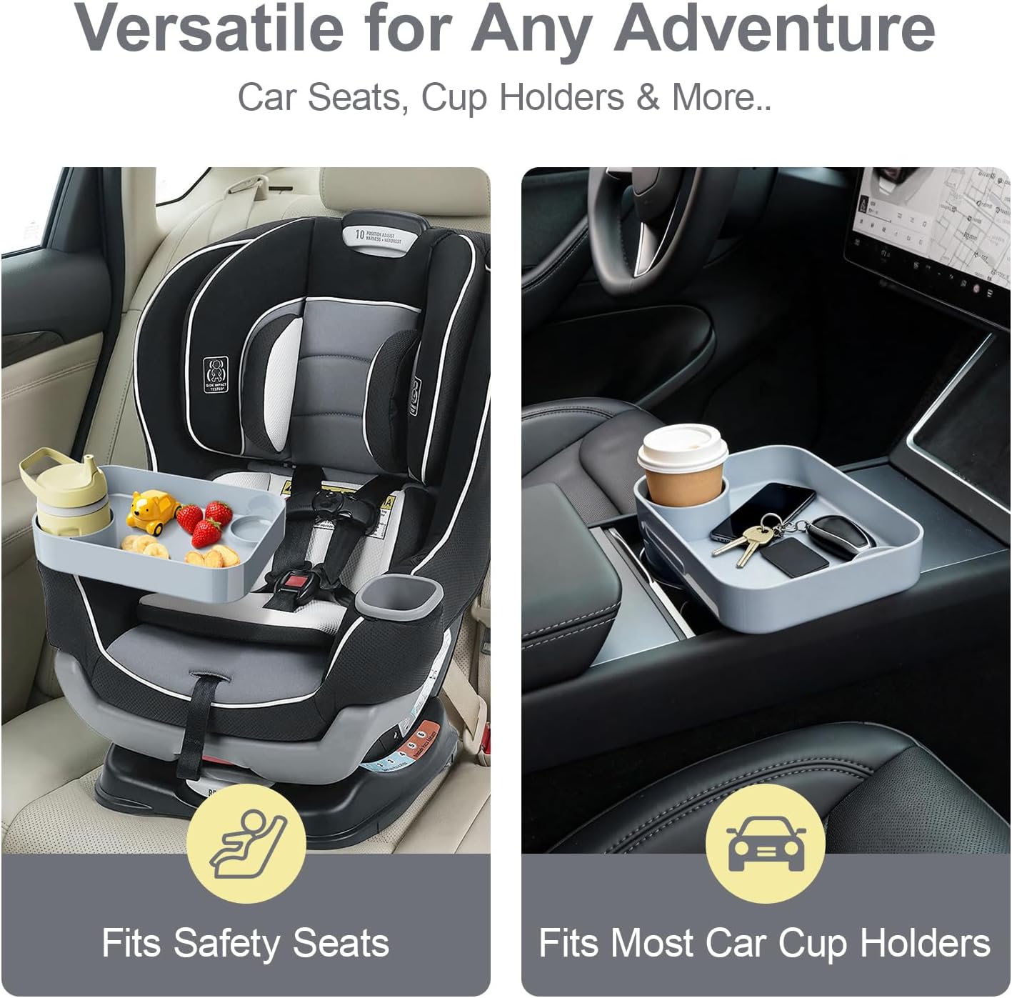 Car Seat Snack Tray for Toddlers - 3 Inch Cup Holder Fits Most Sippy Cups & Straw Bottles with Dip Well, Mess-Free Square Kids Travel Tray Road Trip Essentials, Grey