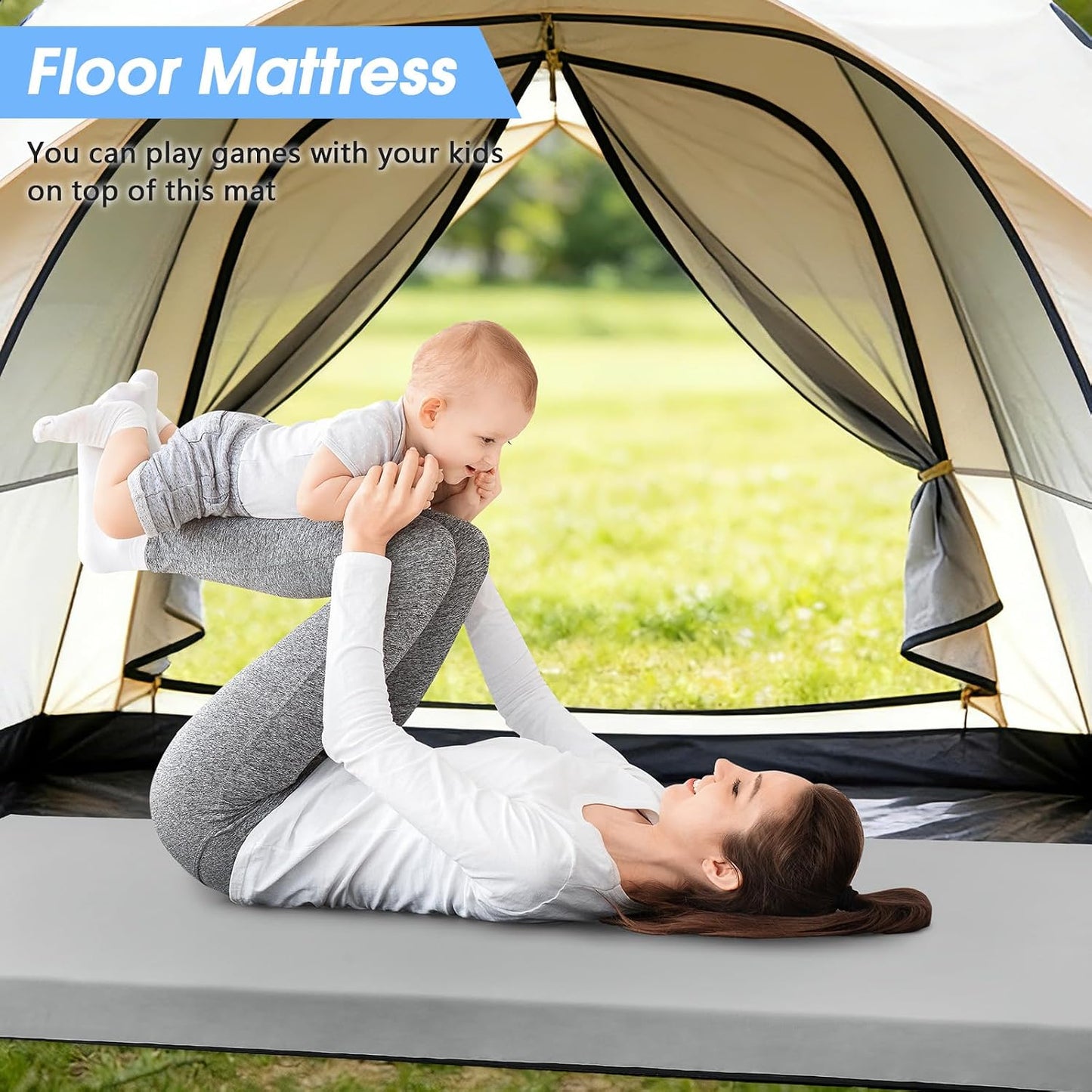 CYMULA 3 Inch Memory Foam Camping Pad, Camping Essentials Roll Up Floor Mat for Car Camping, Cot, Tent, Truck, Travel and Guest Use, Non-Slip Waterproof Bottom, Removable Cover