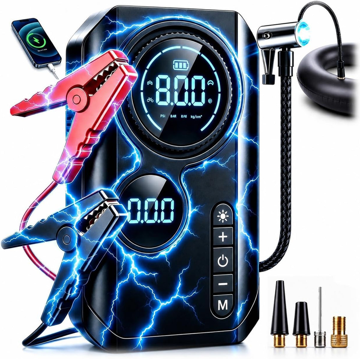 9000A Jump Starter with Air Compressor, Portable Tire Inflator, German-Tech Fast-Charging Power Bank Car Battery Booster for Car Owners Camping, Road Trips, Family Safety & Gift Giving