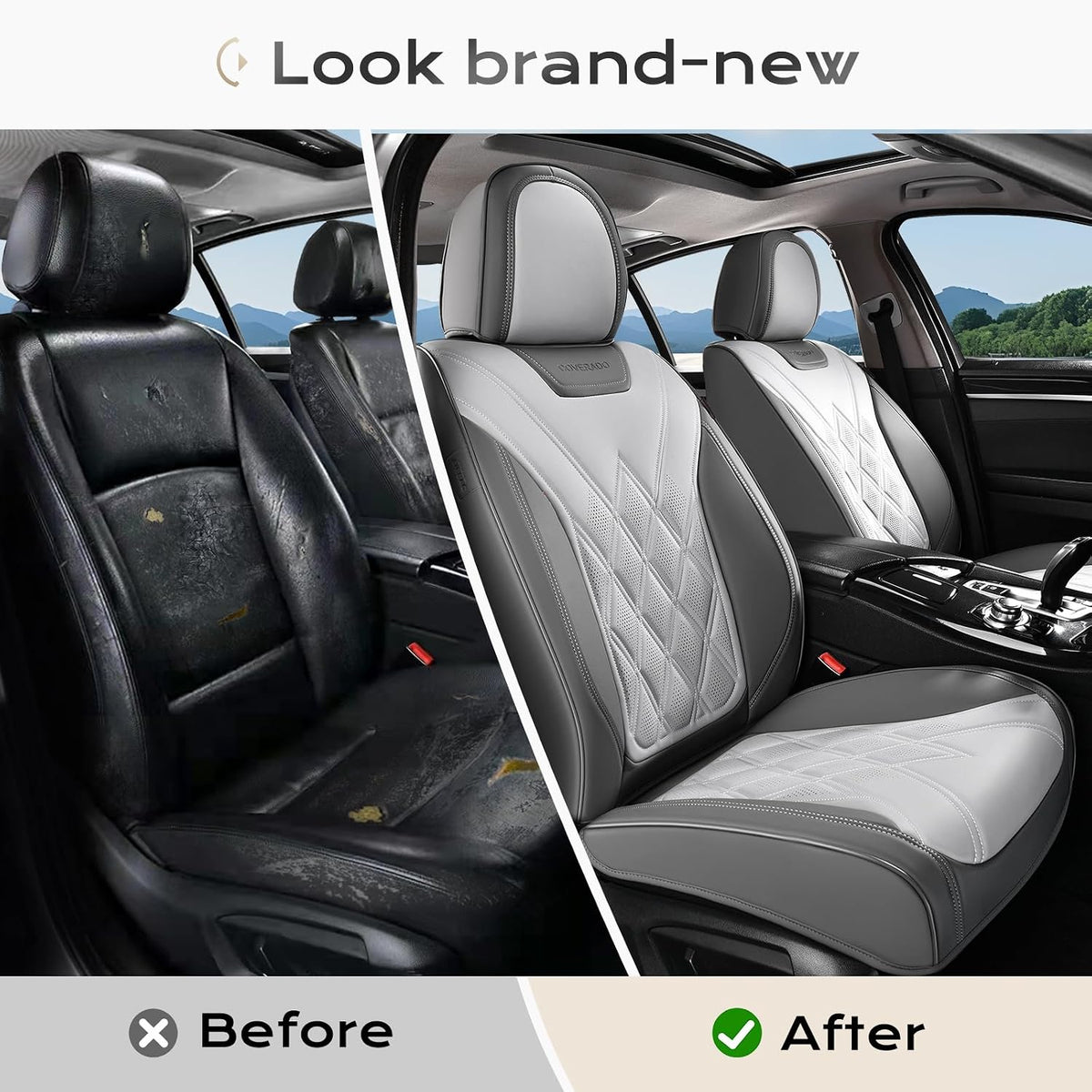 Coverado Car Seat Covers Full Set, Seat Covers for Cars, Front Seat Covers and Back Seat Cover Waterproof Leather Automotive Seat Cover, Universal Car Interior Protectors for Most Cars Light_Gray
