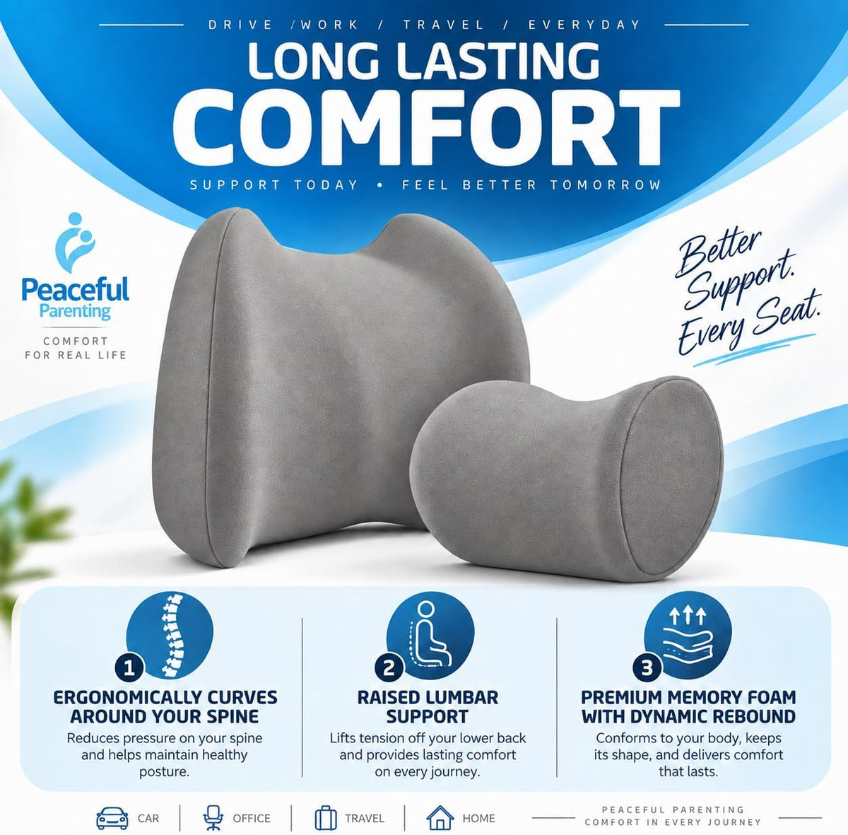 Lumbar & Neck Support Pillow Kit - Gray - Back & Neck Support Pillow for Car & Office Chair - Memory Foam Pillow - Ergonomic Pillow for Neck & Back Pain Relief