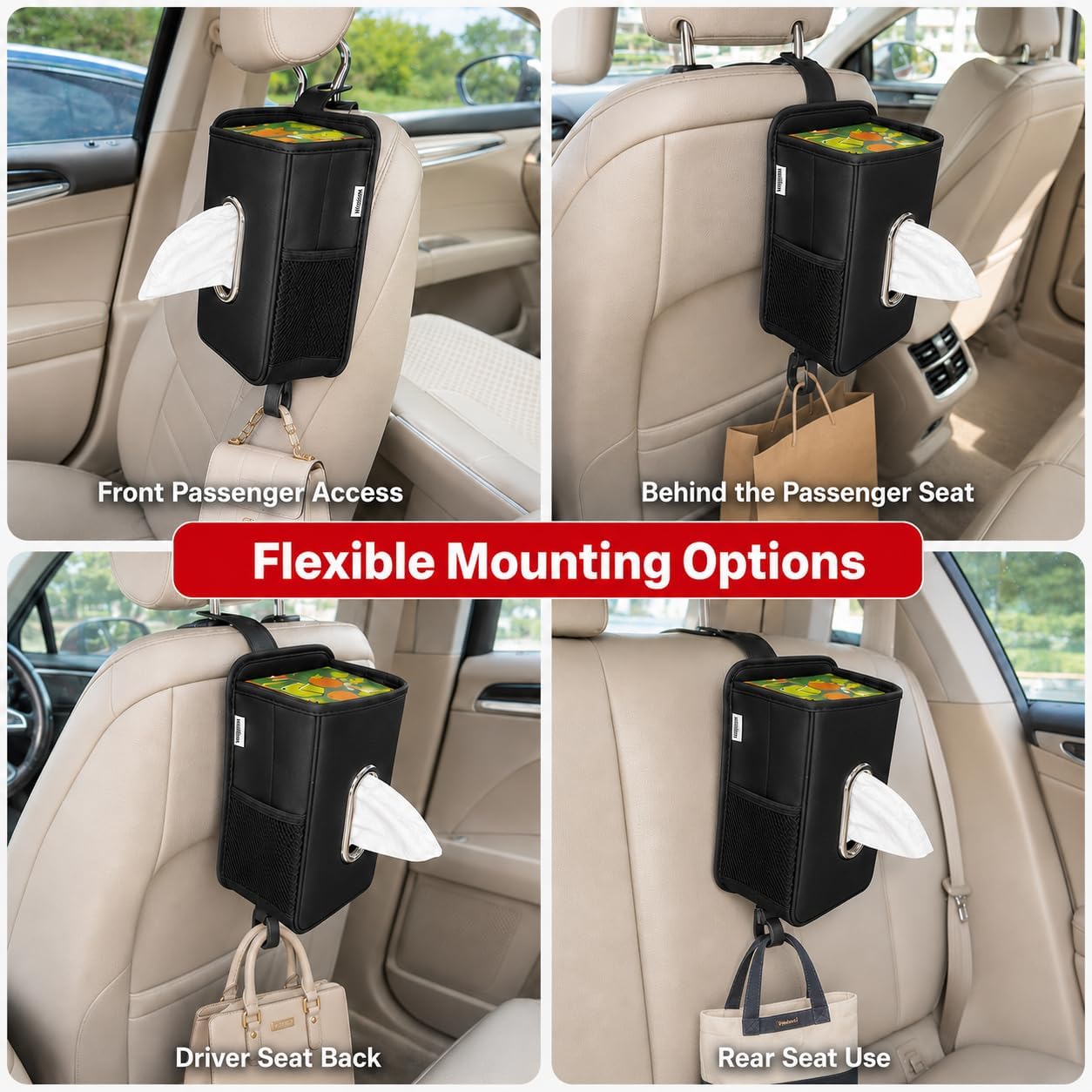 Witaxima 4 in 1 Car Tissue Holder with Headrest Hooks, Small Trash Can & Seat Back Organizer, PU Leather Tissue Box Cover for 120-150 Tissues, Trash Pockets & Hook Set, Keep Car Tidy, Black