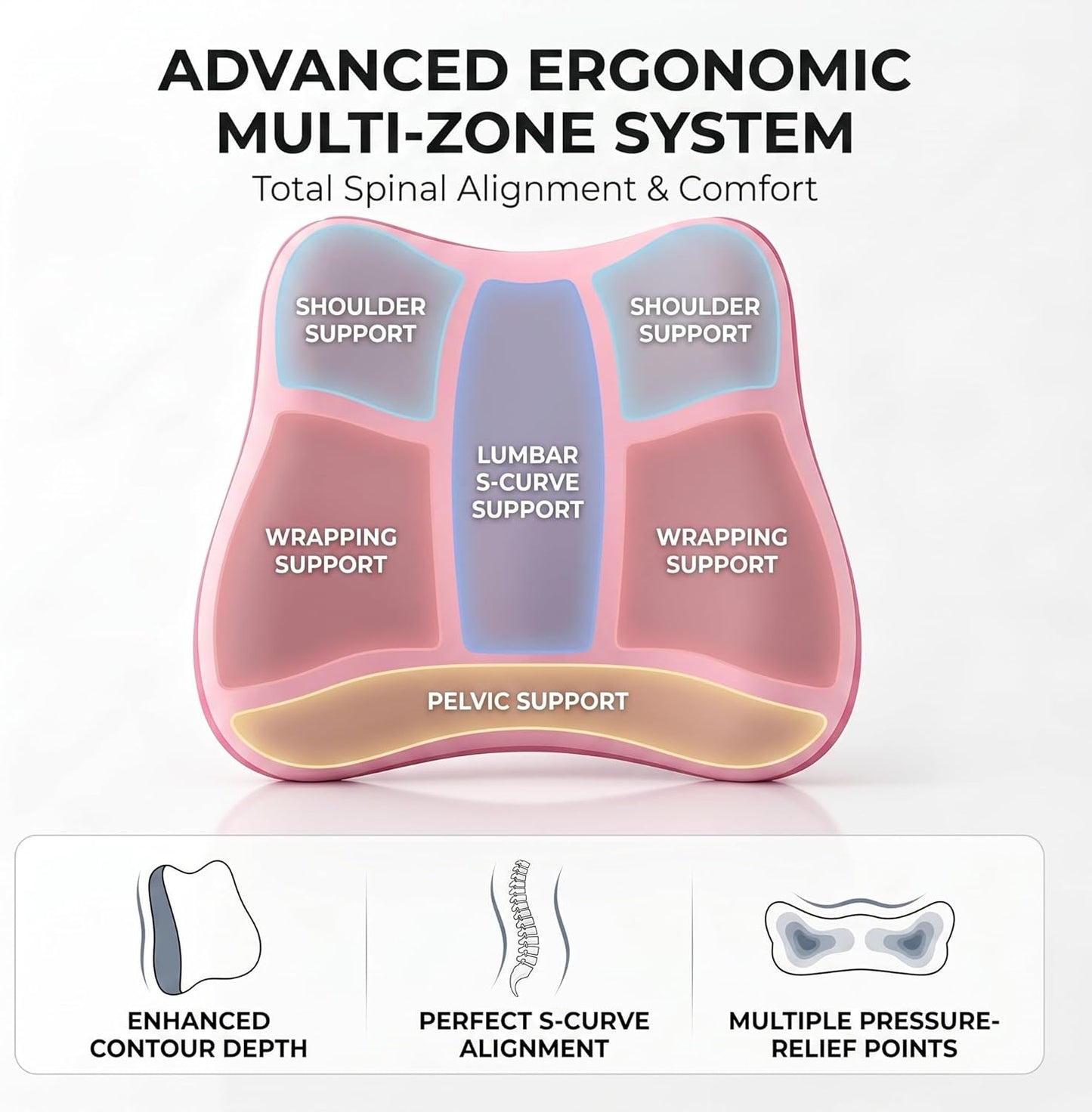 Lumbar Support Pillow, Ergonomic Memory Foam Back Cushion for Car Office Chair Gaming Chair, Washable Cool-Touch Cover for Lower Back Support (Pink)