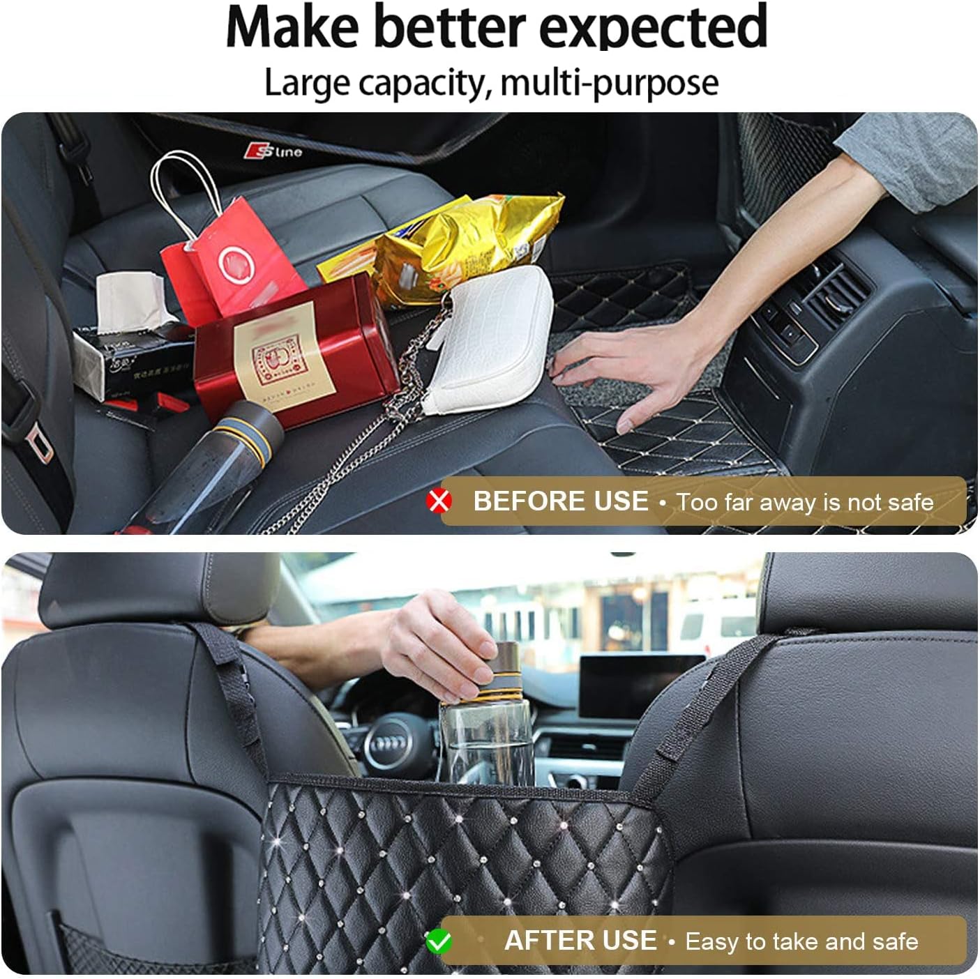 Car Net Pocket Handbag Holder with Diamond Bling Driver Netting Pouch, Handbag Holder Front Seat, Barrier of Backseat Pet Kids Storage & Pocket (Black with Diamond)