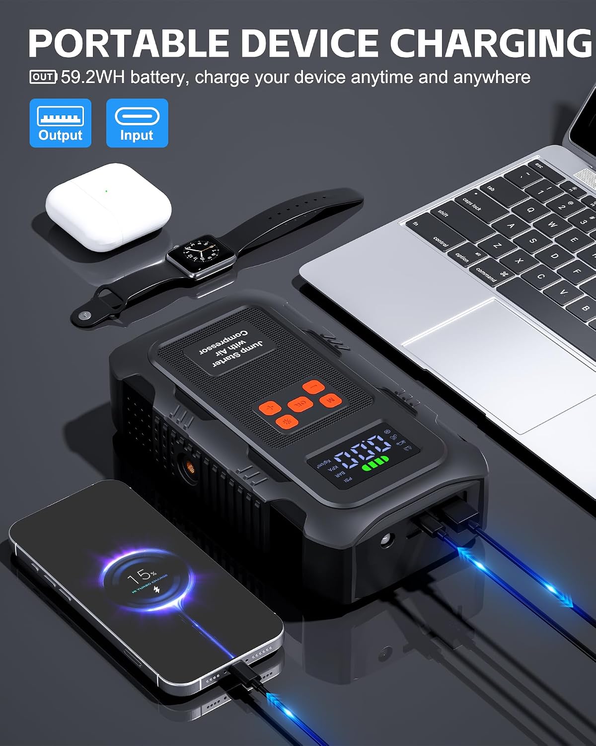 5000A Jump Starter with Air Compressor, Portable Car Battery Jump Starter with 150 PSI Tire Inflator for Up to 10.0L Gas and 8.0L Diesel Engines, 12V Jump Box Battery Charger Booster(Orange)