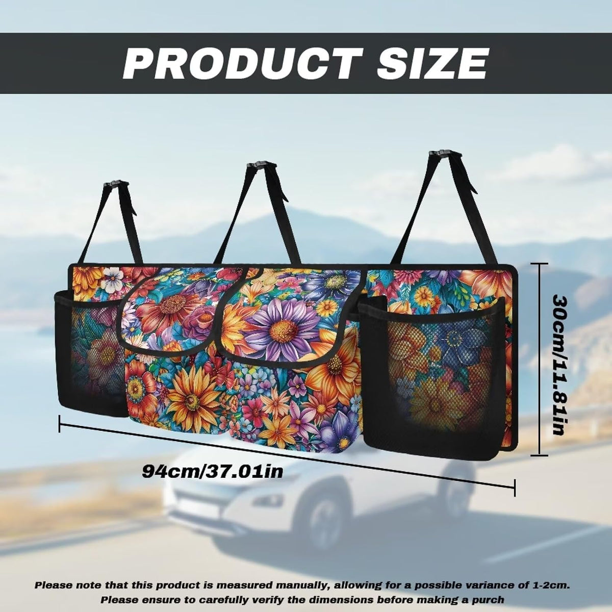 Boho Floral Flowers Backseat Trunk Organizer for Car Dahlia Hanging Cargo Bag Sturdy Trunk Storage Bag with 4 Storage Bags and 3 Adjustable Buckles