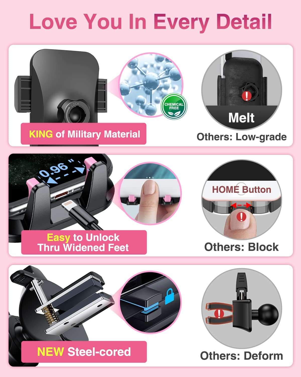 VANMASS【85+LBS Strongest Suction & Military-Grade Ultimate Car Phone Mount【Patent & Safety Certs】 Cell Phone Holder for Dash Windshield Vent for iPhone 17 Pro Max Automobile Interior Sets, Light Pink