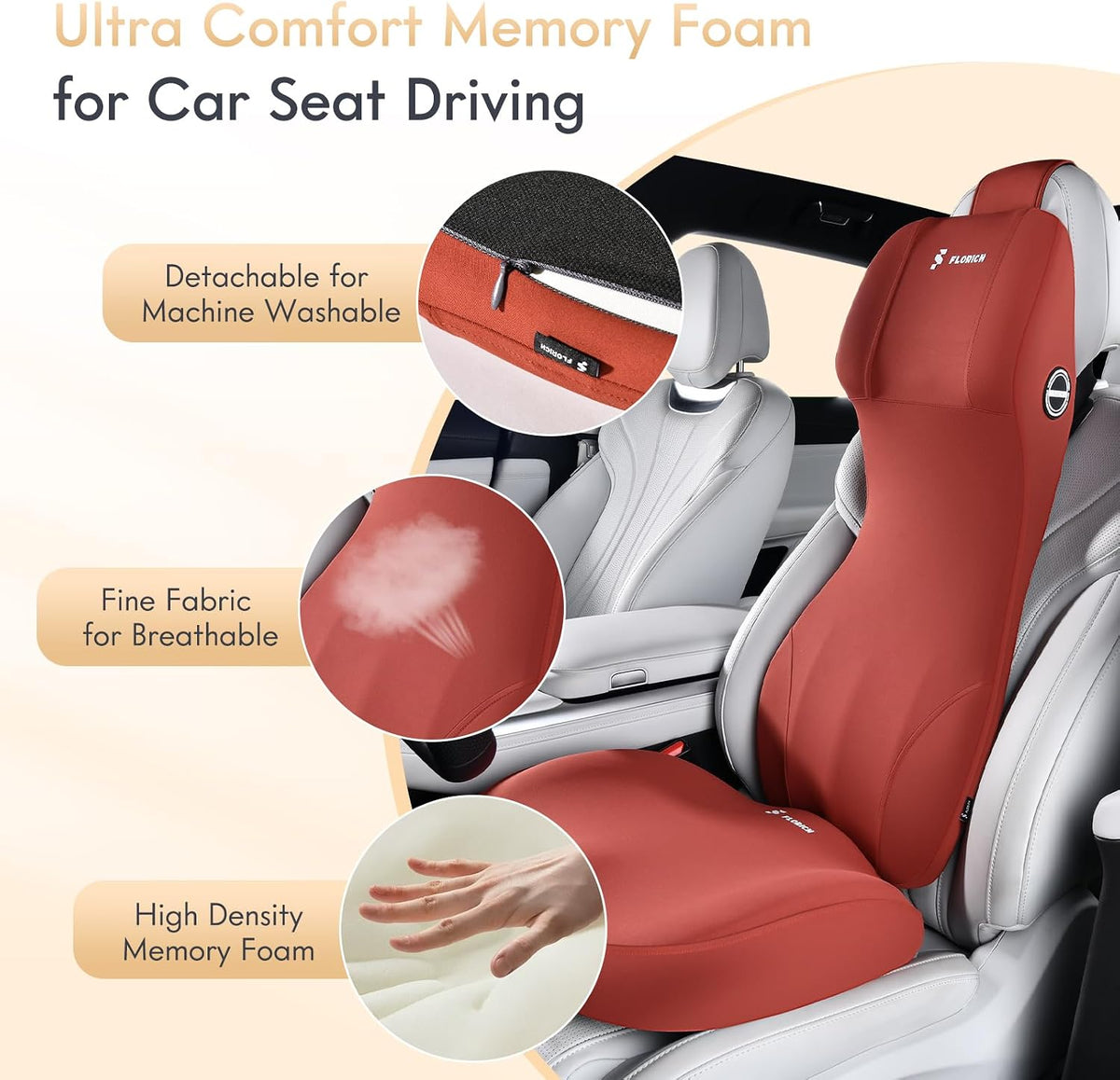 FLORICH Memory Foam Car Seat Cushion and Integrated Neck Pillow Lumbar Support Ergonomic Seat Cushion Breathable Back Support Headrest for Truck Driver Long Driving Sciatica Tailbone Pain Relief, Red