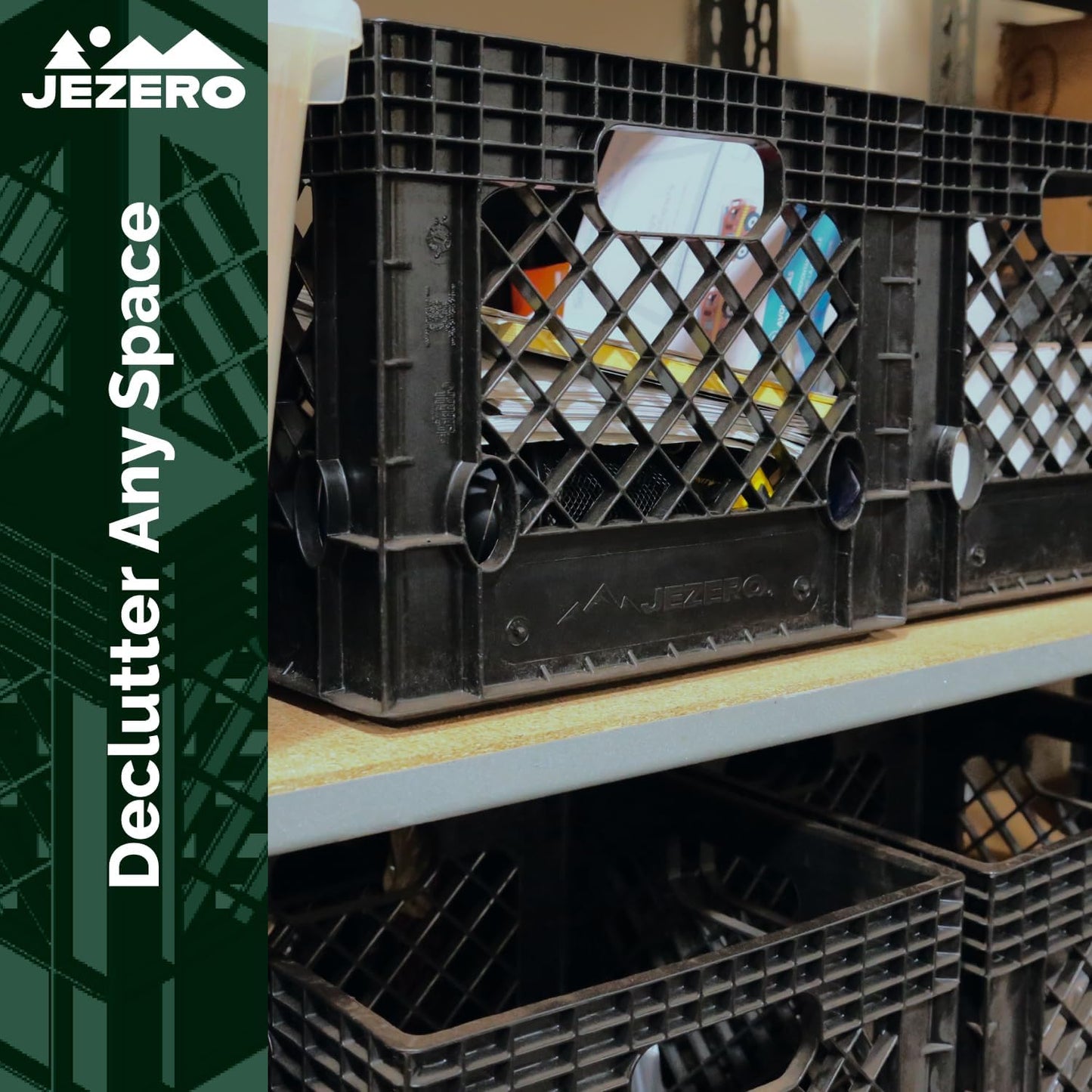 JEZERO 24 Quart Heavy Duty Plastic Crate | Stackable Multi-Purpose Storage Bin for Garage, Home, Office, Groceries, Outdoor, Camping & Kayaking | Black Utility Tote, 19" x 13" x 11"