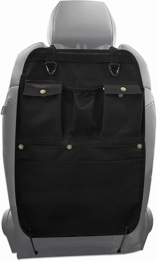 Black Car Seat Back Organizer with Multiple Pockets and Hooks