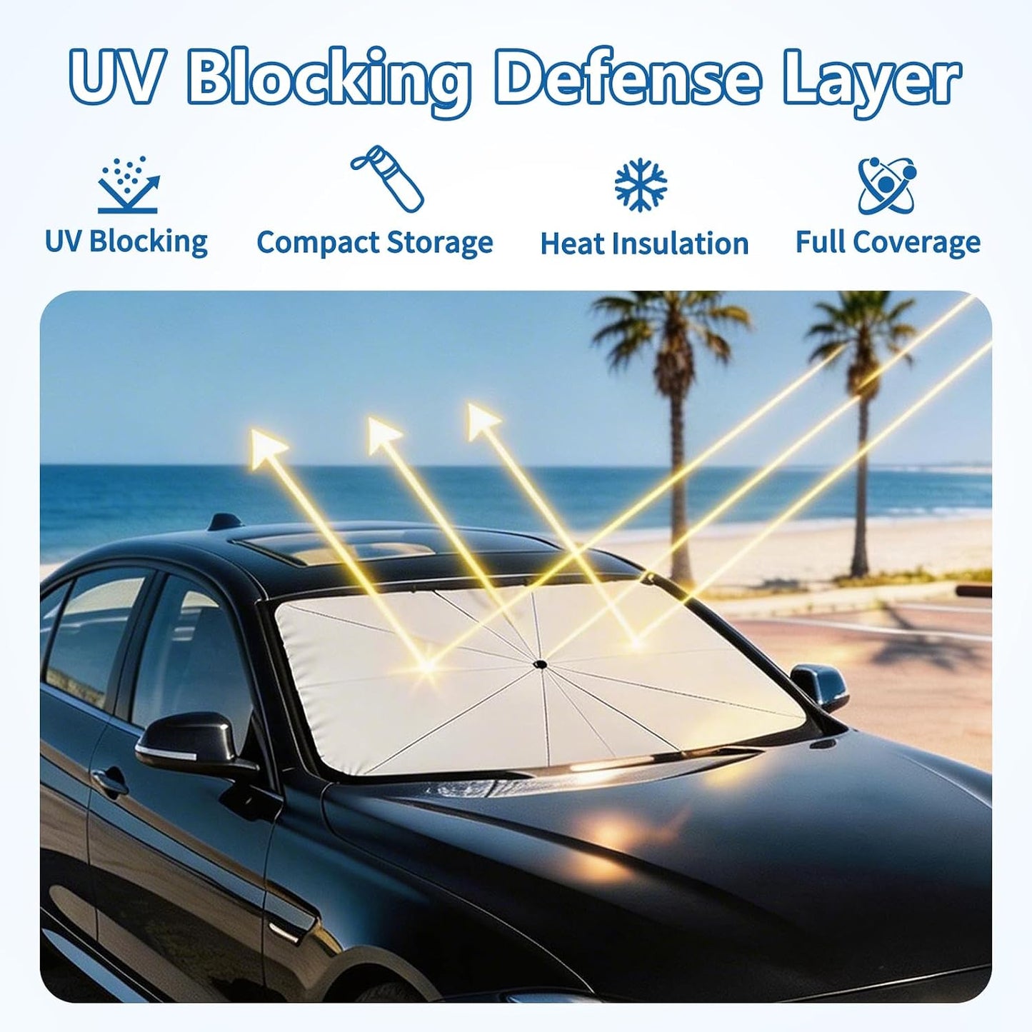 Windshield Sun Shade Car Umbrella: Foldable Retractable Front Window Sunshade Shield with Heat-Insulating Coating - Portable Protection from Heat & UV Rays for Cars, SUVs & Trucks