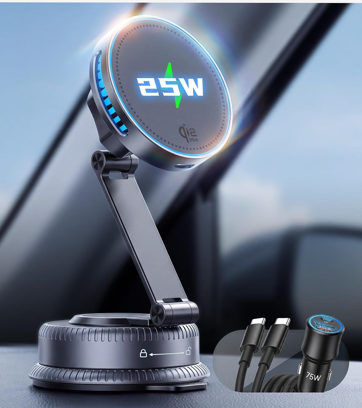 Qi2.2 25W MagSafe Car Mount Charger, Cooling Fan, 75W Fast Adapter