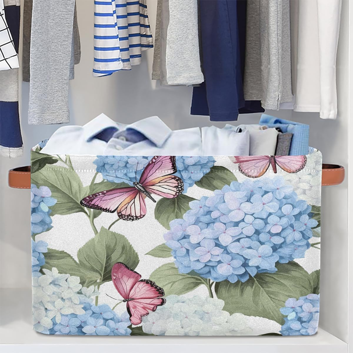 Blue Hydrangea Flowers Storage Baskets for Organizing, Fabric Collapsible Storage Bins Box Pink Butterfly Decorative Toy Organizer Baskets for Closet Shelves Gift Basket 1 Pc