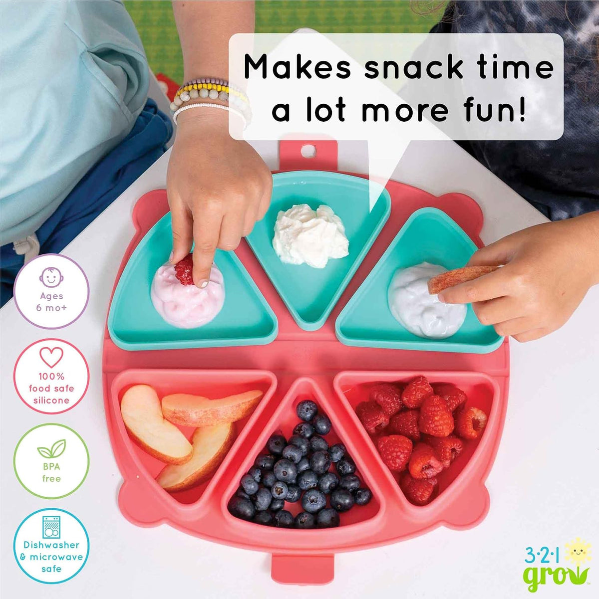 Silicone On-The-Go Snack Mat – Foldable Reusable Placemat with 3 Compartments and Lids – Travel-Friendly Baby and Toddler Snack Plate – Dishwasher Safe (Pebble)