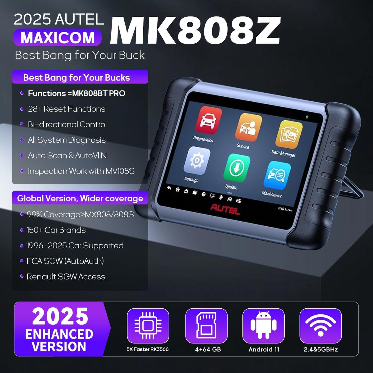 Autel MaxiCOM MK808Z OBD2 Scanner, 2026 Bidirectional Scan Tool Same As MK808S MX808S, Work as MaxiCheck MX900 MK900BT, Active Test, 28+ Service, All System Diagnose, Injector Coding, FCA Autoauth