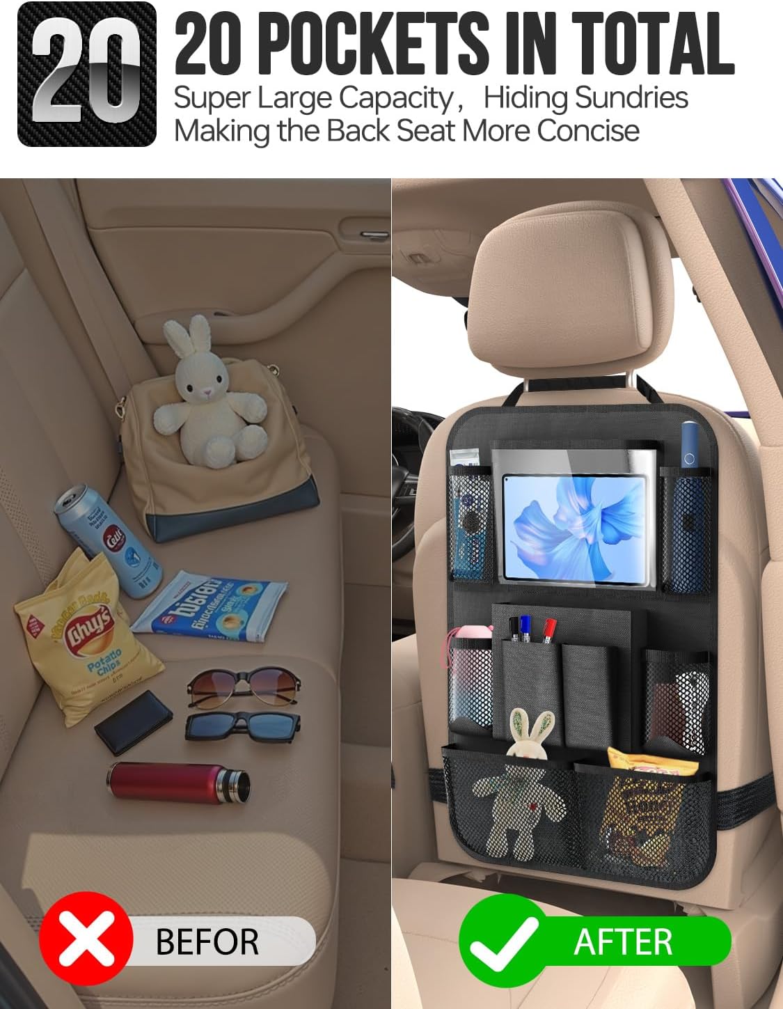 New Fi Backseat Car Organizer(20 Storage Pockets),Come with Free 1 Seat Net and 2 Headrest Hook, Touch Screen Tablet Holder, Divider for Driving Safely Children & Pets…, Car Organizer (black)