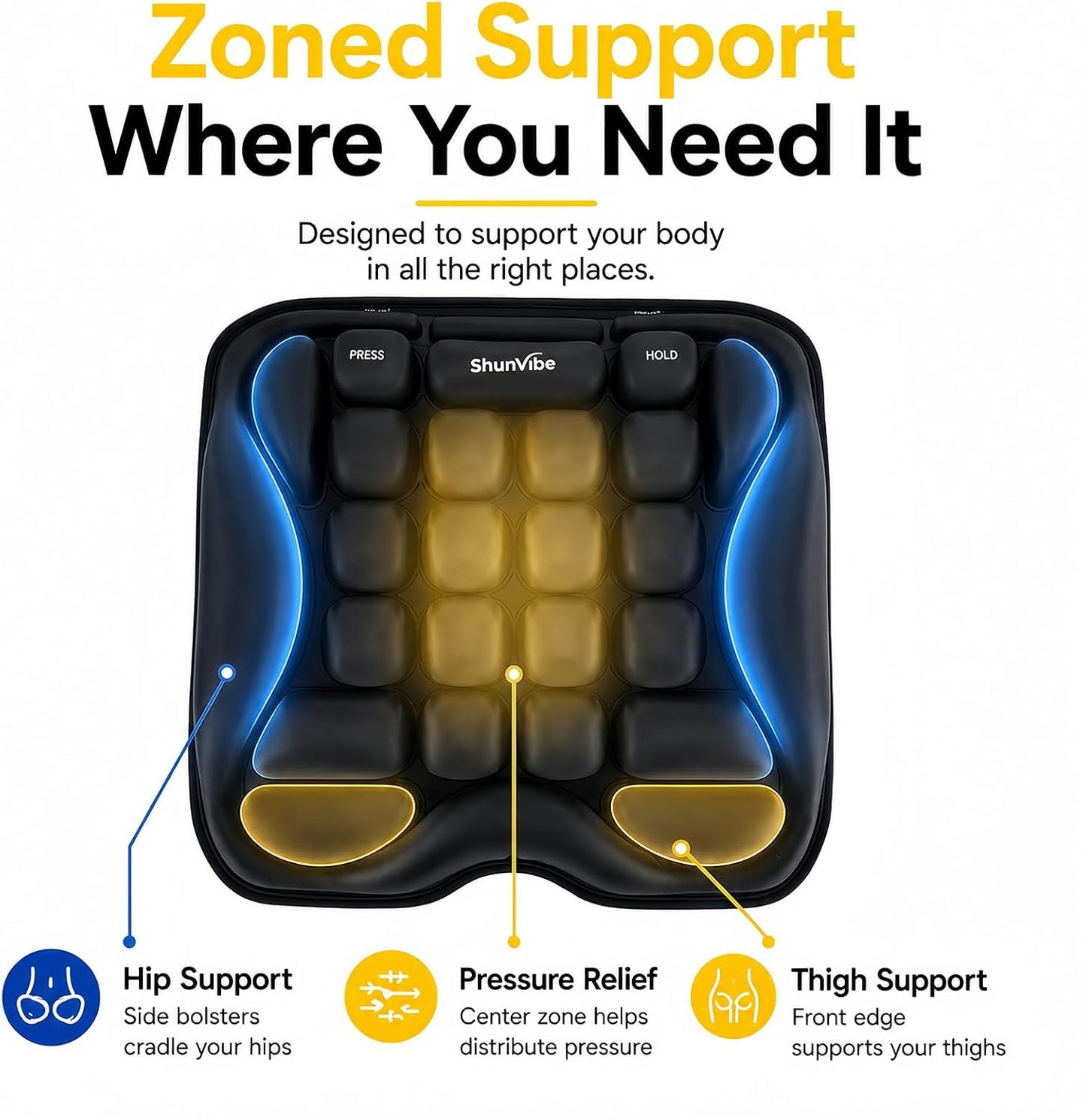 Car Seat Cushion for Long Drives, Pressure Relief Seat Pad with Built-in Pump, Adjustable Air Cell Cushion for Truck Drivers, SUV, Office Chair and Wheelchair