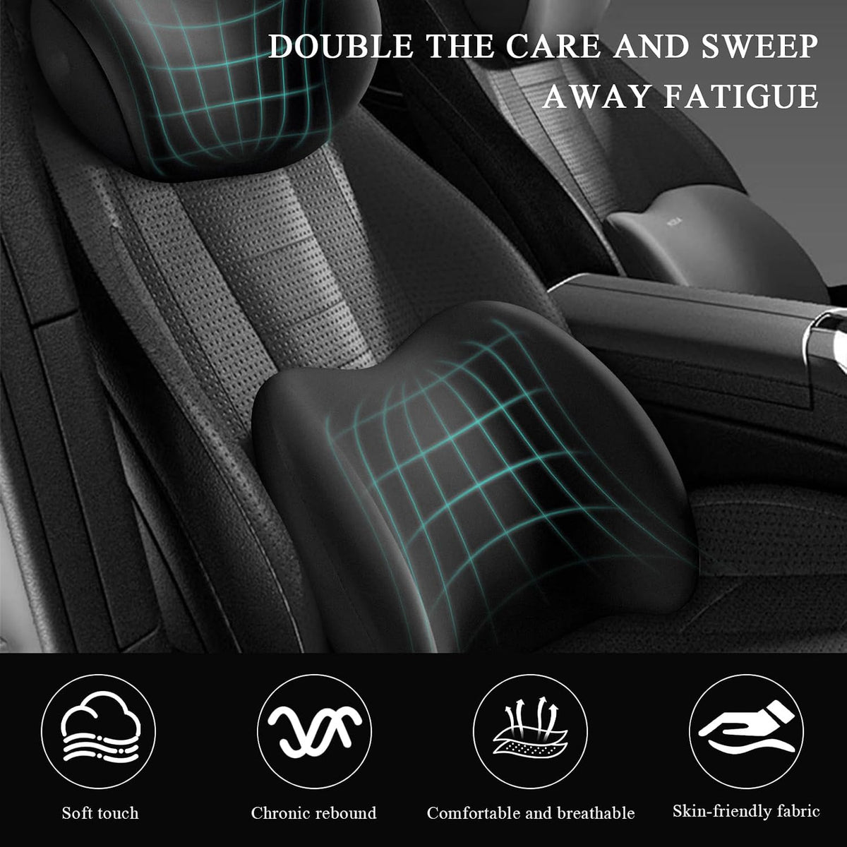 Car Headrest & Lumbar Support Cushion, Ergonomic Memory Foam Car Neck Back Support w/Removable Cover, Universal Breathable Lumbar Cushion Headrest Pillow with Adjusatble Strap (Black)