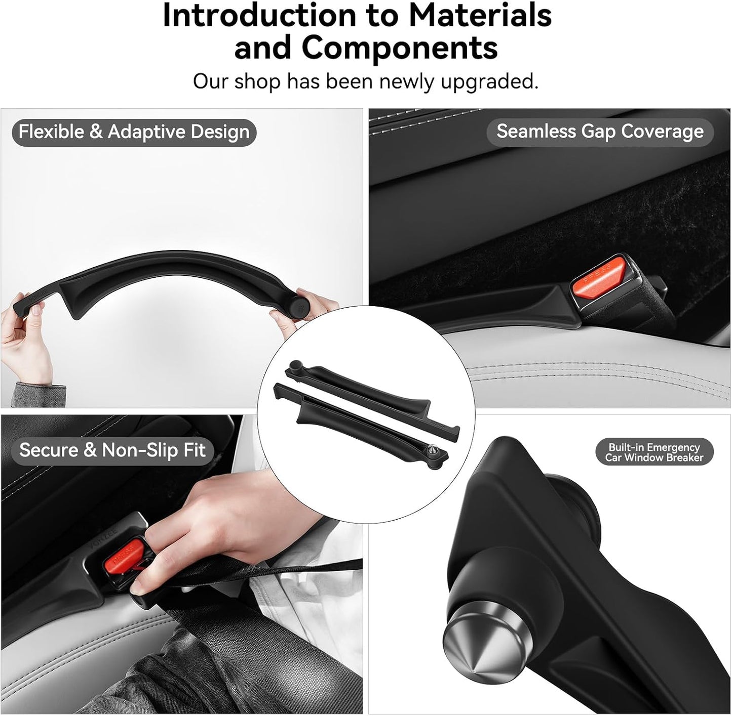 YONZEE Car Seat Gap Filler [2 Pack], Premium Silicone Side Console Organizer with Built-in Emergency Glass Breaker, Universal Fit Automotive Gap Blocker to Prevent Dropping, Car Interior Decor