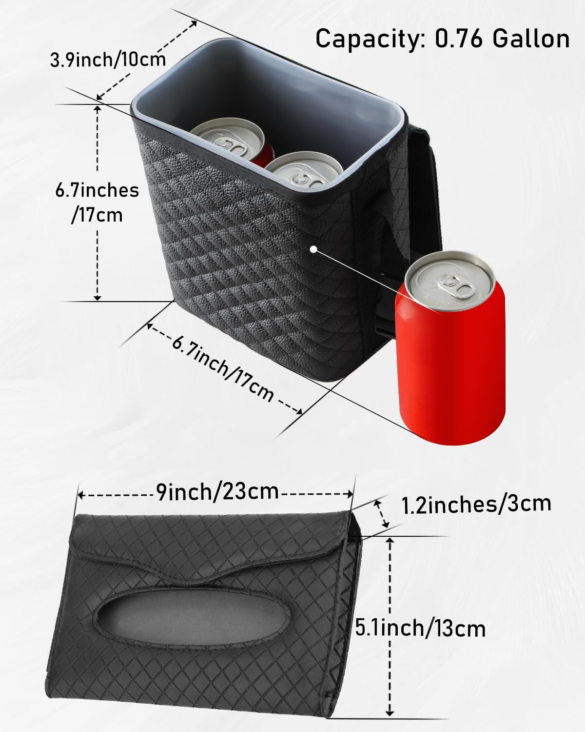 BELINOUS Leather Car Trash Can with Matching Tissue Holder | Waterproof and Leakproof, Mini Car Trash Can with Lid, Adjustable Strap, Small Garbage Bin