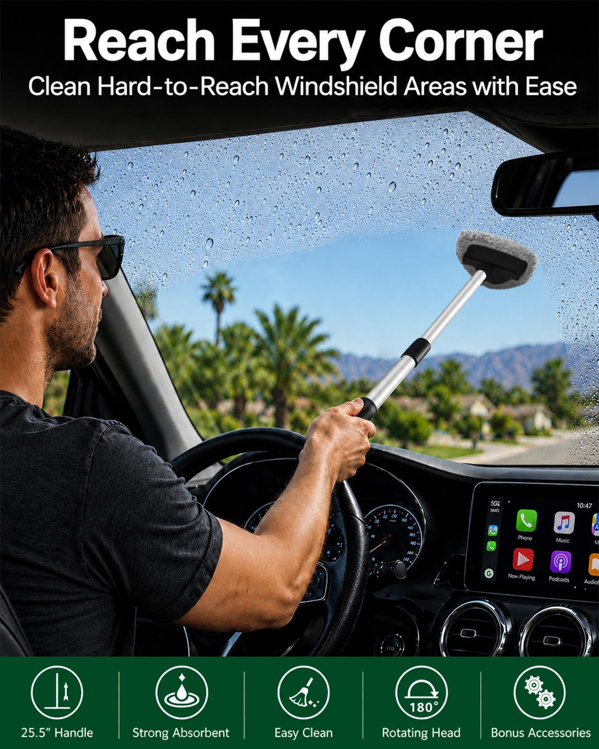 25.5" Extra-Long Reach – Super Absorbent Coral Velvet Windshield Cleaner Tool, Streak-Free Windshield Cleaning Tool Kit with 5 Pads, 2 Spray Bottles & Storage Bag for Auto Glass & Home Windows, Gray
