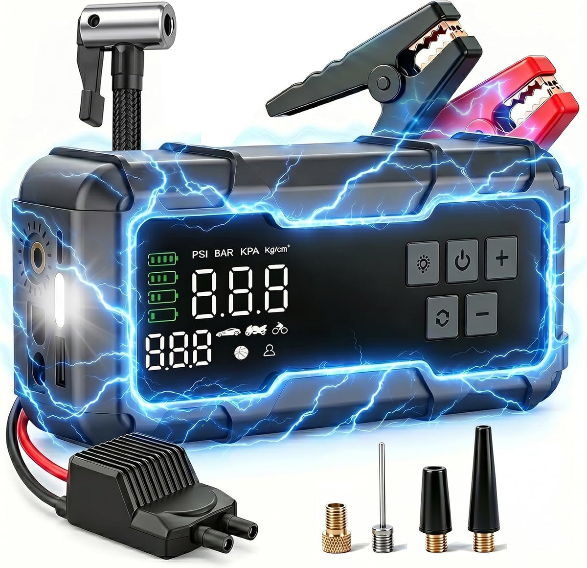 150 PSI 8000A Tire Inflator Portable Air Compressor, Jump Starter with Air Pump with Digital Gauge & LED Light, 12V Car Battery Jump Box with Power Bank for Car, Motorcycle, Bicycle, Ball