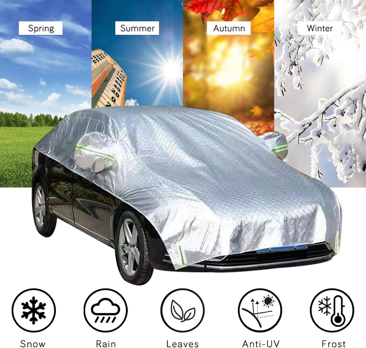 Waterproof & All-Season Half Car Cover,Full Coverage Protection for Windshields & Windows, Car Cover for Snow,Ice,Rain,Shading,Fit for Luxury Sedan.