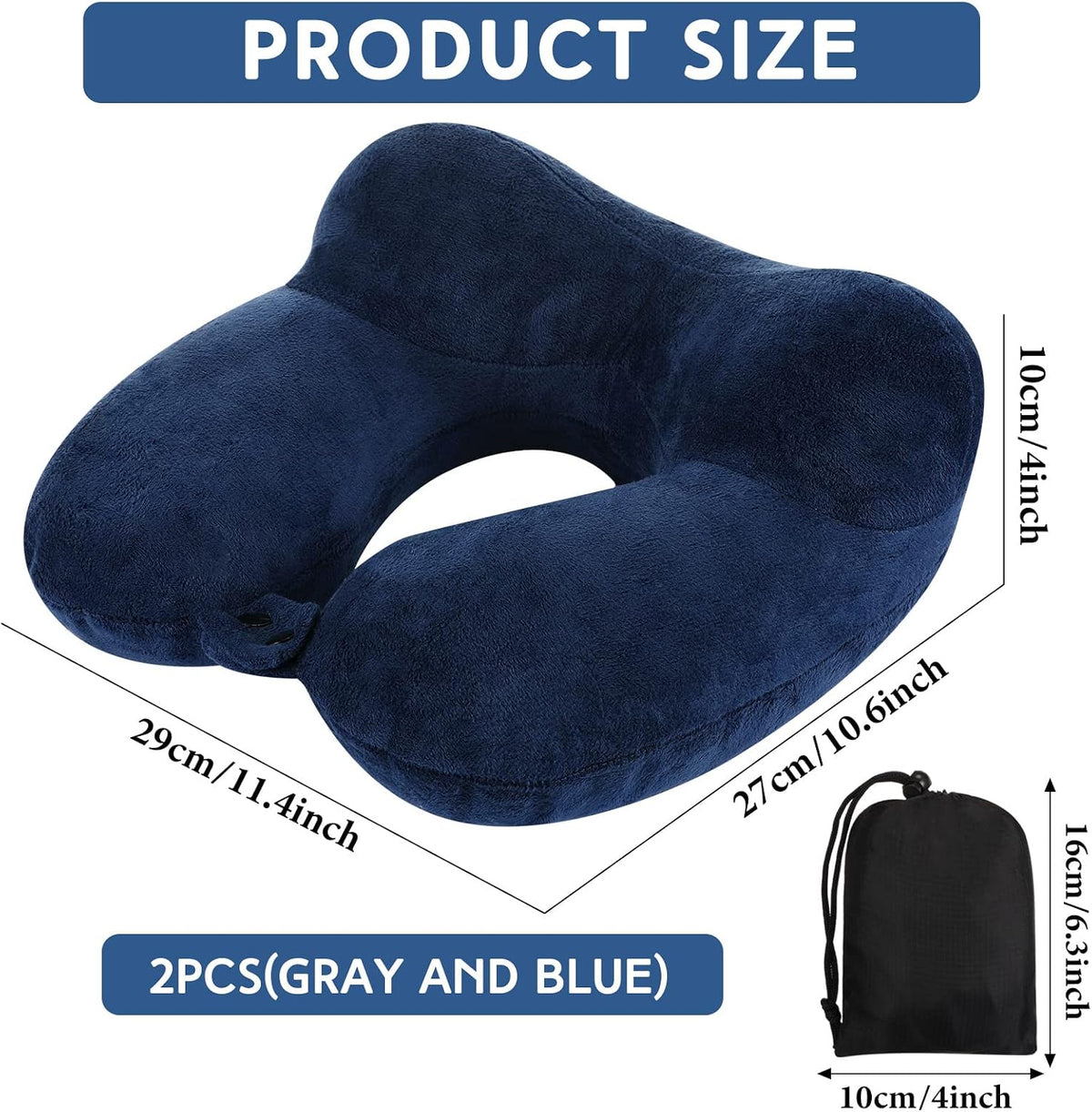 Sintuff 2 Pack Inflatable Travel Pillow for Airplanes Inflatable Neck Flight Pillows with Compact Bag and Blindfold for Traveling, Airplane, Train, Car, Office (Light Gray and Dark Blue)