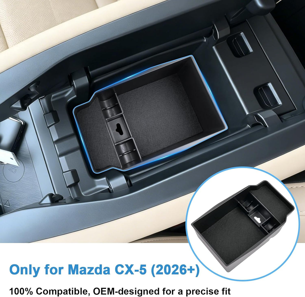 2026 CX-5 Center Console Organizer for Mazda CX-5 (2.5 S/2.5 S Select/2.5 S Preferred/2.5 S Premium Plus), Durable ABS Plastic &Silent Flocking Console Tray Insert 2026 CX-5 Accessories